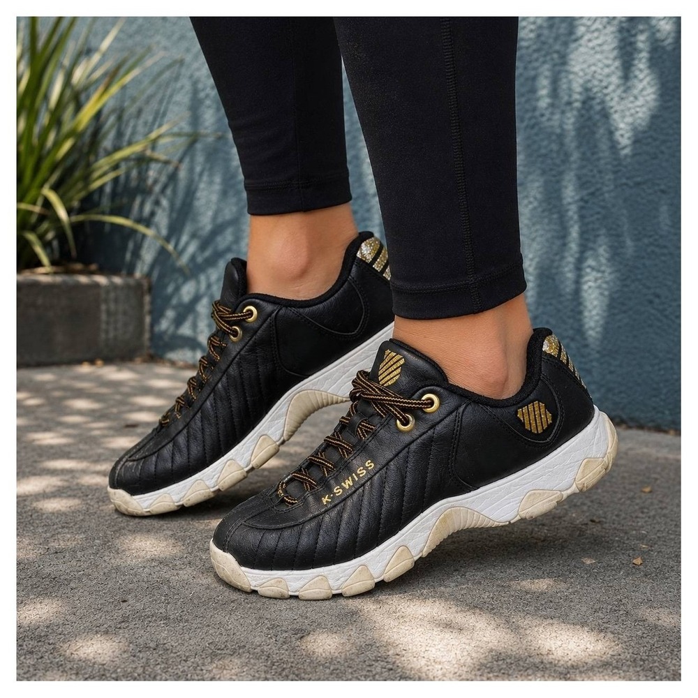K-Swiss ST329 CMF Black Gold Leather Sneakers Women 6.5 Memory Foam